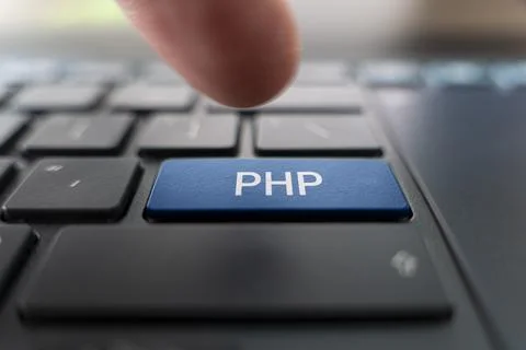 PHP logo on pc keyboard. Writing code PHP programming. Creating web projects  스톡 사진