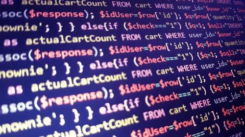 PHP programming language on computer screen. Monitor technology concept. Back Stock-Fotos