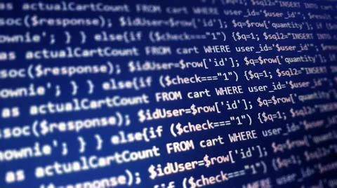 PHP programming language on computer screen. Monitor technology concept. Back Foto stock