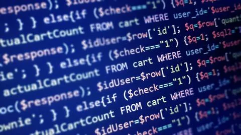 PHP programming language on computer screen. Monitor technology concept. Back Foto stock