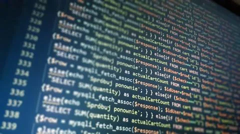 PHP programming language on computer screen. Monitor technology concept. Back Stock Photos