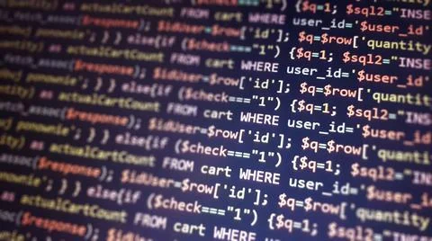 PHP programming language on computer screen. Monitor technology concept. Back Stock Photos