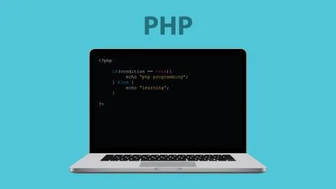 Php programming language with laptop and code on the computer vector graphic 스톡 일러스트