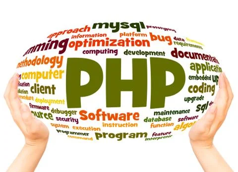 PHP programming word cloud hand sphere concept Foto stock