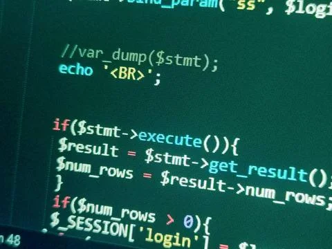 PHP screen code. Development monitor. Programming concept background, databas Stock Photos