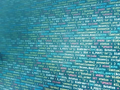 PHP screen code. Development monitor. Programming concept background, databas Stock Photos