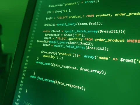 PHP screen code. Development monitor. Programming concept background, databas Foto stock