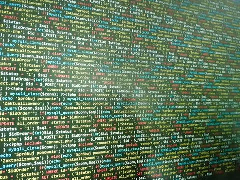 PHP screen code. Development monitor. Programming concept background, databas Foto stock