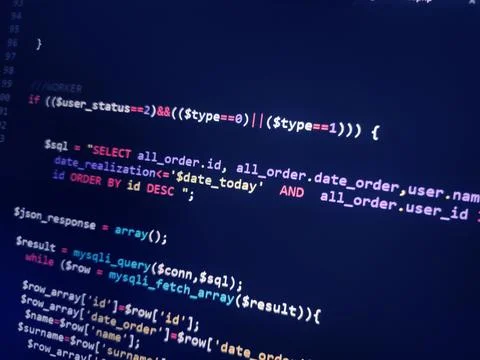PHP screen code. Development monitor. Programming concept background, databas 스톡 사진
