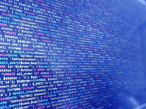 PHP screen code. Development monitor. Programming concept background, databas Stock Photos