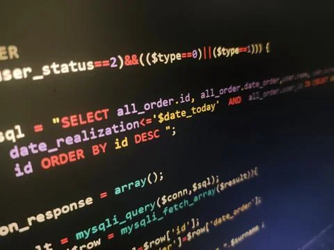 PHP screen code. Development monitor. Programming concept background, databas Stock Photos