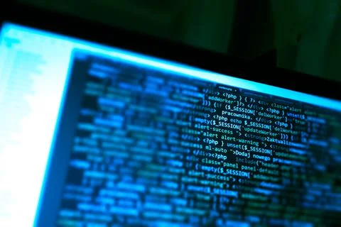 PHP screen code. Development monitor. Programming concept background, databas Stock Photos