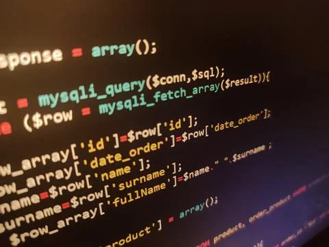 PHP screen code. Development monitor. Programming concept background, databas Stock Photos