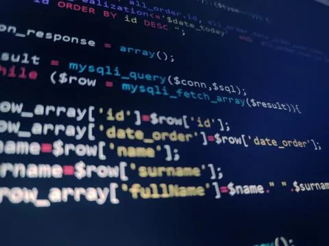 PHP screen code. Development monitor. Programming concept background, databas Foto stock