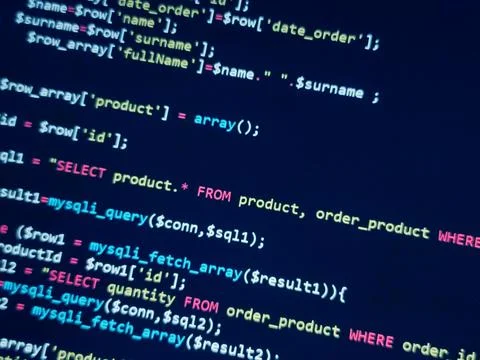PHP screen code. Development monitor. Programming concept background, databas Stock Photos