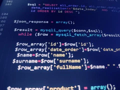 PHP screen code. Development monitor. Programming concept background, databas Stock Photos