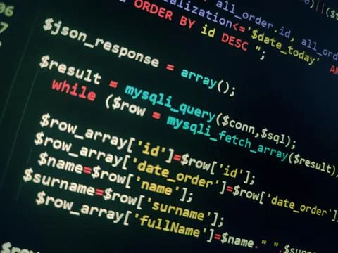 PHP screen code. Development monitor. Programming concept background, databas Foto stock