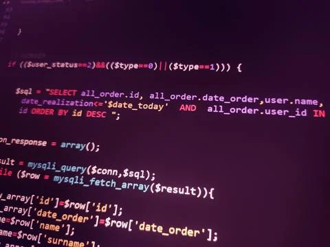 PHP screen code. Development monitor. Programming concept background, databas Foto stock