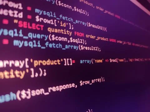 PHP screen code. Development monitor. Programming concept background, databas 스톡 사진