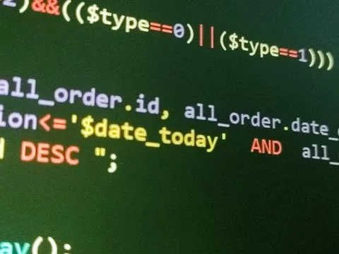 PHP screen code. Development monitor. Programming concept background, databas Stock Photos