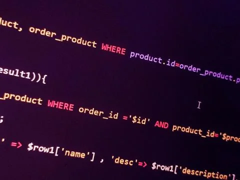 PHP screen code. Development monitor. Programming concept background, databas 스톡 사진