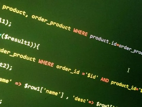 PHP screen code. Development monitor. Programming concept background, databas Stock Photos