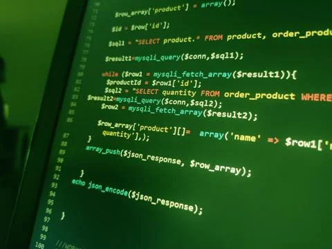 PHP screen code. Development monitor. Programming concept background, databas Stock Photos