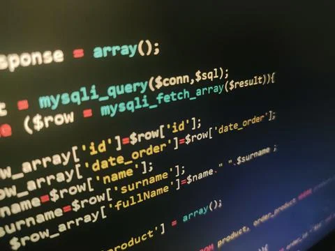 PHP screen code. Development monitor. Programming concept background, databas Stock Photos