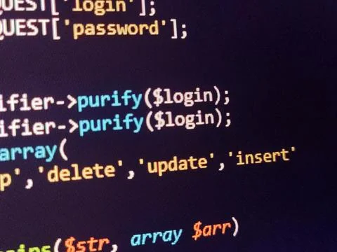 PHP screen code. Development monitor. Programming concept background, databas Stock Photos