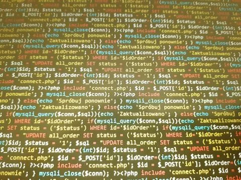 PHP screen code. Development monitor. Programming concept background, databas Stock Photos