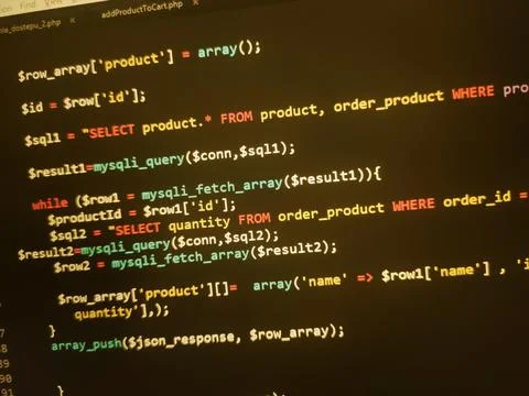 PHP screen code. Development monitor. Programming concept background, databas Stock Photos