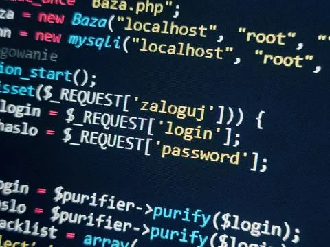 PHP screen code. Development monitor. Programming concept background, databas Stock Photos