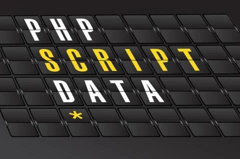 Php script data concept sign on airport board Stock Illustration
