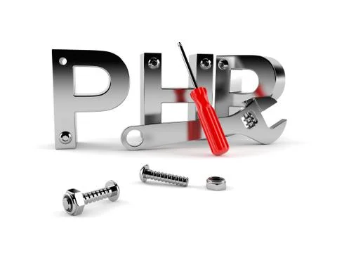 PHP text with bolts, wrench and screwdriver 스톡 일러스트