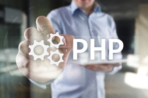 PHP, Web development concept on virtual screen. Stock Photos