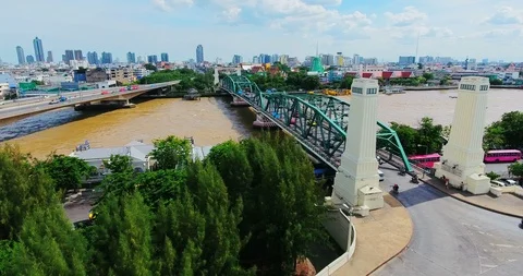 Phra Phuttha Yodfa Bridge, Memorial Bridge Bangkok Thailanl; Aerial view on t Stock Footage 91232967
