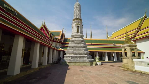 Phra Prang Tower and Phra Rabiang Cloister at Wat Pho - Bangkok - Thailand Stock Footage 346317957