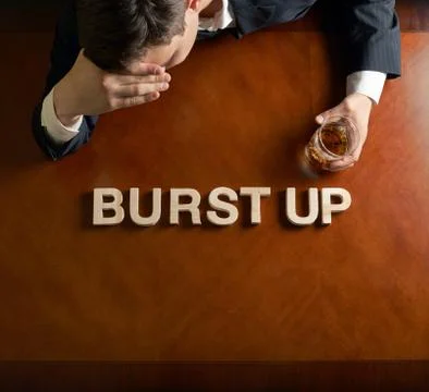 Phrase Burst Up and devastated man composition Stock Illustration