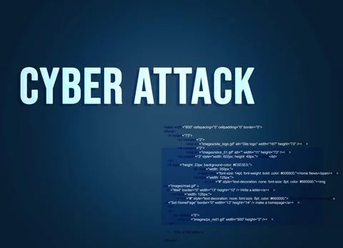 Phrase Cyber attack and source code on dark background Foto stock