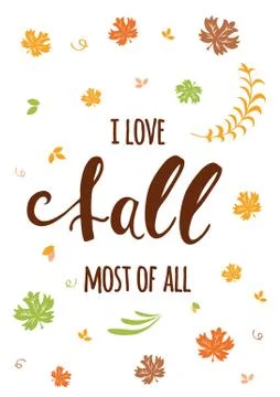 Phrase I love fall hand written inscription on orange hand drawn maple leaf Stock Illustration