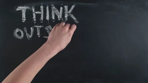 Phrase think outside the box and the box pattern are drawn on a chalkboard by Stock Footage 156026260