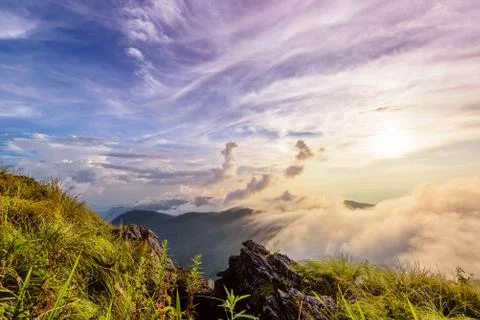 Phu Chi Fa Forest Park at sunset, Thailand Stock Photos