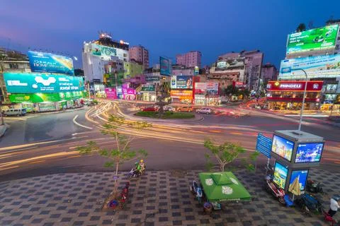 Phu Dong Six-Way Intersection in motion. This is a famous intersection in Cen Stock Photos