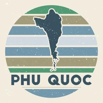 Phu Quoc logo. Sign with the map of island and colored stripes, vector illu.. Stock Illustration