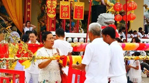 PHUKET, 08 OCT 2018 : The first day of the Vegetarian festival many  People a Stock Footage 96145964