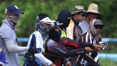 PHUKET - APRIL: unidentified anglers in the white sea bass fishing tournament Stock Footage