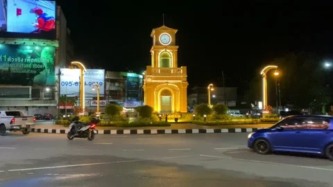 Phuket clock tower at night during corona pandemic Stock Footage 139445605