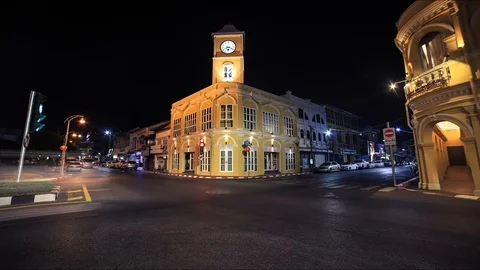 Phuket clock tower night timelapse, Thailand (wide) 库存影片 123523933