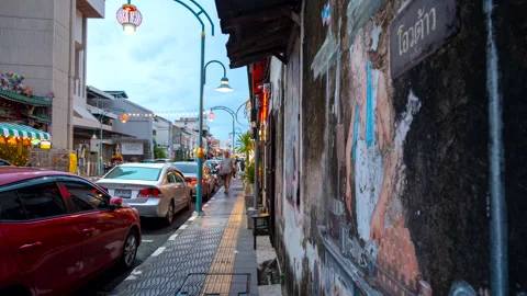 Phuket old town during sunset, many tourist walking on the street art. Stock Footage 249955593