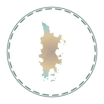 Phuket round logo. Digital style shape of Phuket in dotted circle with isla.. Stock Illustration